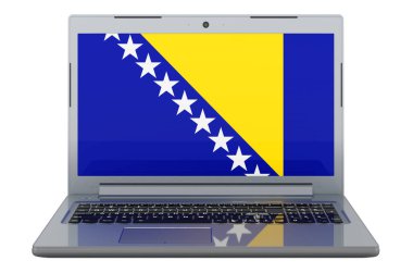 Bosnian and Herzegovinan flag on laptop screen. 3D illustration isolated on white background