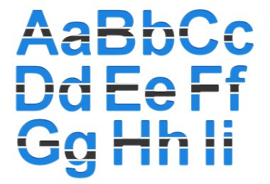 Letters with Botswanian flag. A, B, C, D, E, F, G, H, I uppercase and lowercase letters. 3D rendering isolated on white background