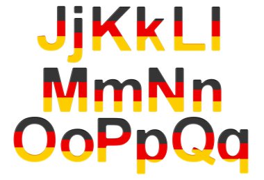 Letters with German flag. J, K, L, M, N, O, P uppercase and lowercase letters. 3D rendering isolated on white background