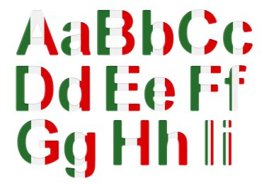 Letters with Italian flag. A, B, C, D, E, F, G, H, I uppercase and lowercase letters. 3D rendering isolated on white background