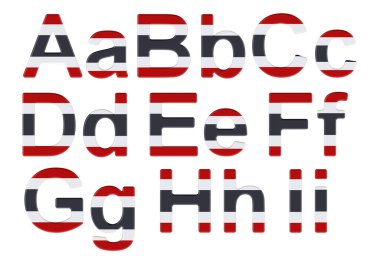 Letters with Thai flag. A, B, C, D, E, F, G, H, I uppercase and lowercase letters. 3D rendering isolated on white background