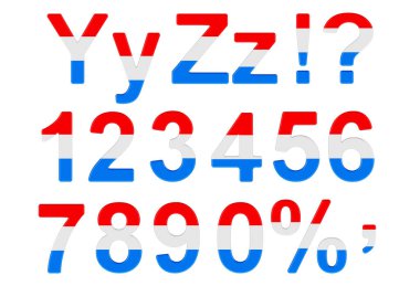 Letters, numbers and punctuation marks with Luxembourgish flag. Y, Z, 1, 2, 3, 4, 5, 6, 7, 8, 9, 0. 3D rendering isolated on white background