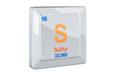 Kükürt S, kimyasal element işareti. Beyaz arka plan üzerinde izole 3d render