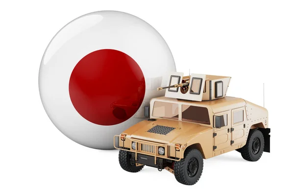 日本の国旗が付いた軍用トラック 日本の戦闘防衛 白い背景に隔離された3Dレンダリング — ストック写真