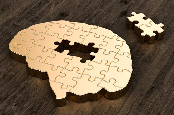 Brain Golden Puzzles Wooden Table Rendering — Stock Photo, Image