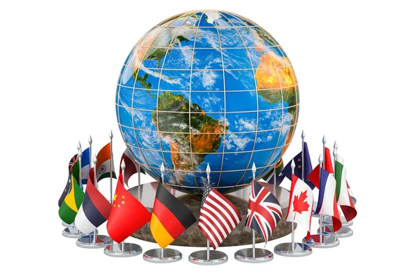 Internationales Globales Kommunikationskonzept Mit Flaggen Rund Den Erdball Darstellung Isoliert — Stockfoto