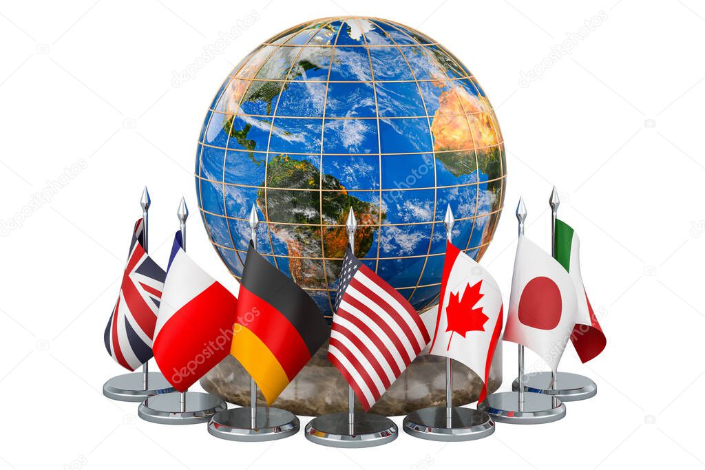Flags of all members G7 around the Earth Globe, meeting concept. 3D rendering isolated on white background