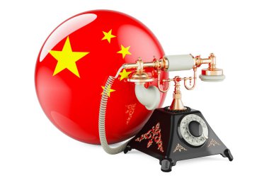 Çin bayrağıyla telefon. Çin 'de iletişim hizmetleri, konsept. Beyaz arkaplanda 3B görüntüleme izole edildi