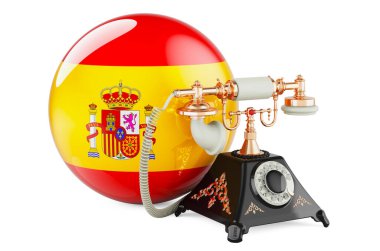 İspanyol bayrağıyla telefon. İspanya 'da iletişim hizmetleri, konsept. Beyaz arkaplanda 3B görüntüleme izole edildi