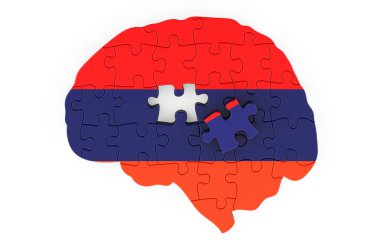 Armenian flag painted on the brain from puzzles. Scientific research and education in Armenia concept, 3D rendering isolated on white background