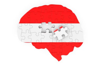 Austrian flag painted on the brain from puzzles. Scientific research and education in Austria concept, 3D rendering isolated on white background