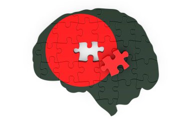 Bangladeshi flag painted on the brain from puzzles. Scientific research and education in Bangladesh concept, 3D rendering isolated on white background