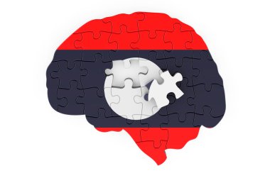 Laotian flag painted on the brain from puzzles. Scientific research and education in Laos concept, 3D rendering isolated on white background