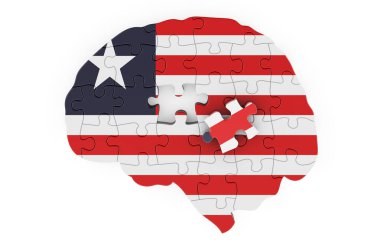 Liberian flag painted on the brain from puzzles. Scientific research and education in Liberia concept, 3D rendering isolated on white background