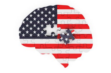 The United States flag painted on the brain from puzzles. Scientific research and education in the USA concept, 3D rendering isolated on white background