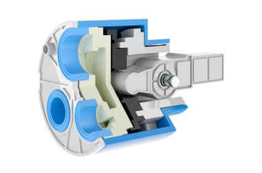 Değiştirme musluğu kartuşunun çapraz bölümü. Beyaz arkaplanda 3B görüntüleme izole edildi