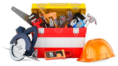 Alet kutusuna Avusturya bayrağı boyanmış. Avusturya 'da hizmet, onarım ve inşaat, konsept. Beyaz arkaplanda 3B görüntüleme izole edildi