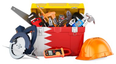 Alet kutusuna Bahreyn bayrağı boyanmış. Bahreyn 'de hizmet, onarım ve inşaat, konsept. Beyaz arkaplanda 3B görüntüleme izole edildi