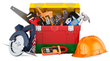 Alet kutusuna Beyaz Rusya bayrağı çizilmiş. Belarus 'ta hizmet, onarım ve inşaat, konsept. Beyaz arkaplanda 3B görüntüleme izole edildi