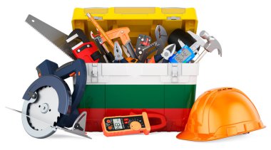 Alet kutusuna Bulgar bayrağı boyanmış. Bulgaristan 'da hizmet, onarım ve inşaat, konsept. Beyaz arkaplanda 3B görüntüleme izole edildi