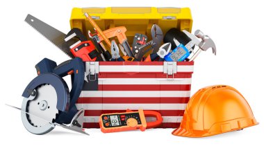 Alet kutusuna Liberya bayrağı çizilmiş. Liberya 'da hizmet, onarım ve inşaat, konsept. Beyaz arkaplanda 3B görüntüleme izole edildi