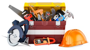 Alet kutusuna Letonya bayrağı boyanmış. Letonya 'da hizmet, onarım ve inşaat, konsept. Beyaz arkaplanda 3B görüntüleme izole edildi