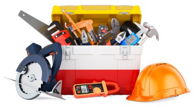 Alet kutusuna Polonya bayrağı boyanmış. Polonya 'da hizmet, onarım ve inşaat, konsept. Beyaz arkaplanda 3B görüntüleme izole edildi