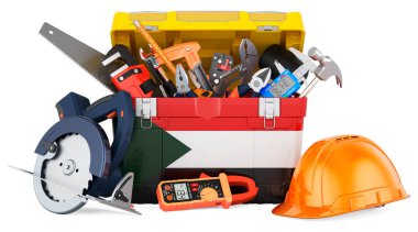 Alet kutusuna Sudan bayrağı boyanmış. Sudan 'da hizmet, onarım ve inşaat, konsept. Beyaz arkaplanda 3B görüntüleme izole edildi