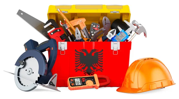 Auf Den Werkzeugkasten Gemalte Albanische Flagge Service Reparatur Und Bau — Stockfoto