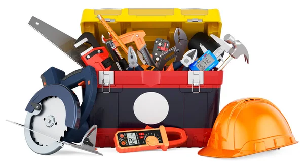 Alet kutusuna Laos bayrağı boyanmış. Laos 'ta hizmet, onarım ve inşaat, konsept. Beyaz arkaplanda 3B görüntüleme izole edildi