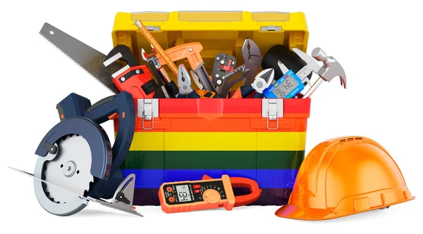 Alet kutusuna LGBTQ bayrağı boyanmış. Beyaz arkaplanda 3B görüntüleme izole edildi