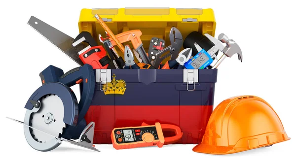 Alet kutusuna Lihtenştayn bayrağı boyanmış. Lihtenştayn 'da hizmet, onarım ve inşaat, konsept. Beyaz arkaplanda 3B görüntüleme izole edildi