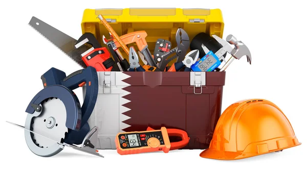 Alet kutusuna Katar bayrağı boyanmış. Katar 'da servis, onarım ve inşaat, konsept. Beyaz arkaplanda 3B görüntüleme izole edildi