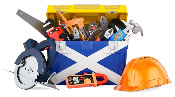 Krabici Nářadím Namalovaná Skotská Vlajka Servis Opravy Výstavba Skotsku Koncept — Stock fotografie
