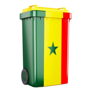 Senegal bayrağı taşıyan atık konteynırı, beyaz arkaplanda 3 boyutlu görüntüleme