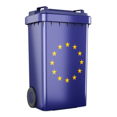 AB bayrağı taşıyan atık konteynırı, beyaz arkaplanda 3 boyutlu görüntüleme