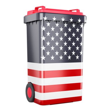 ABD bayrağı taşıyan atık konteynır, beyaz arkaplanda 3 boyutlu görüntüleme