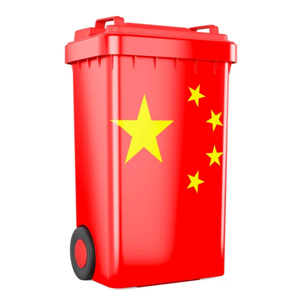 Avfallsbehållare Med Kinesisk Flagga Rendering Isolerad Vit Bakgrund — Stockfoto