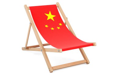 Üzerinde Çin bayrağı olan bir şezlong. Çin tatili, turlar, seyahat paketleri, konsept. Beyaz arkaplanda 3B görüntüleme izole edildi