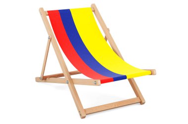 Kolombiya bayrağı olan bir şezlong. Kolombiya tatili, turlar, seyahat paketleri, konsept. Beyaz arkaplanda 3B görüntüleme izole edildi