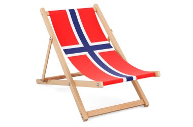 Norveç bayrağı taşıyan bir şezlong. Norveç tatili, turlar, seyahat paketleri, konsept. Beyaz arkaplanda 3B görüntüleme izole edildi
