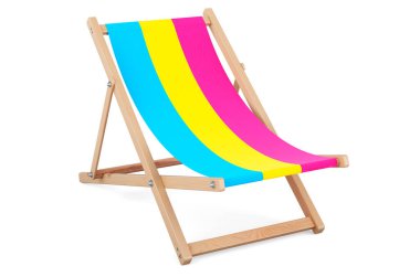 Panseksüel bayrağı olan bir şezlong. Beyaz arkaplanda 3B görüntüleme izole edildi