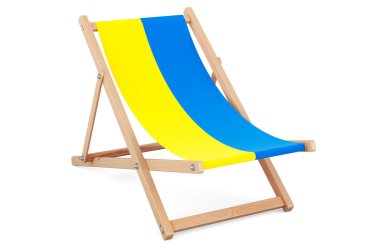 Ukrayna bayrağı taşıyan bir şezlong. Ukrayna tatili, turlar, seyahat paketleri, konsept. Beyaz arkaplanda 3B görüntüleme izole edildi