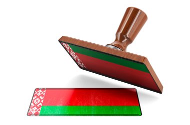 Tahta damga, Belarus bayrağı ile mühür, beyaz arka planda 3 boyutlu görüntüleme