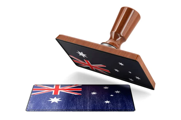 Carimbo Madeira Selo Com Bandeira Australiana Renderização Isolada Fundo Branco — Fotografia de Stock