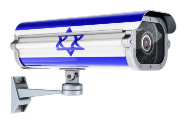 Surveillance camera with Israeli flag. 3D rendering isolated on white background