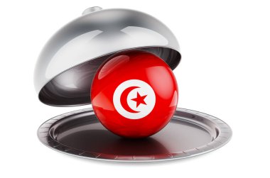 Tunus bayraklı restoran saati. Beyaz arkaplanda 3B görüntüleme izole edildi