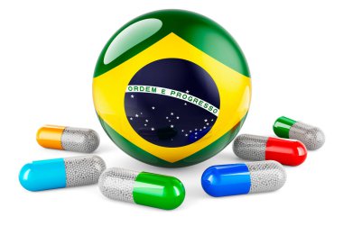 Brezilya bayraklı hap kapsülü. Beyaz arkaplanda 3B görüntüleme izole edildi