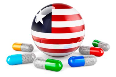 Liberya bayraklı hap kapsülü. Beyaz arkaplanda 3B görüntüleme izole edildi