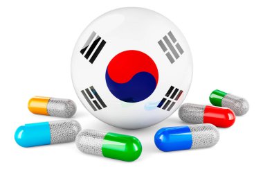 Güney Kore bayraklı hap kapsülleri. Beyaz arkaplanda 3B görüntüleme izole edildi